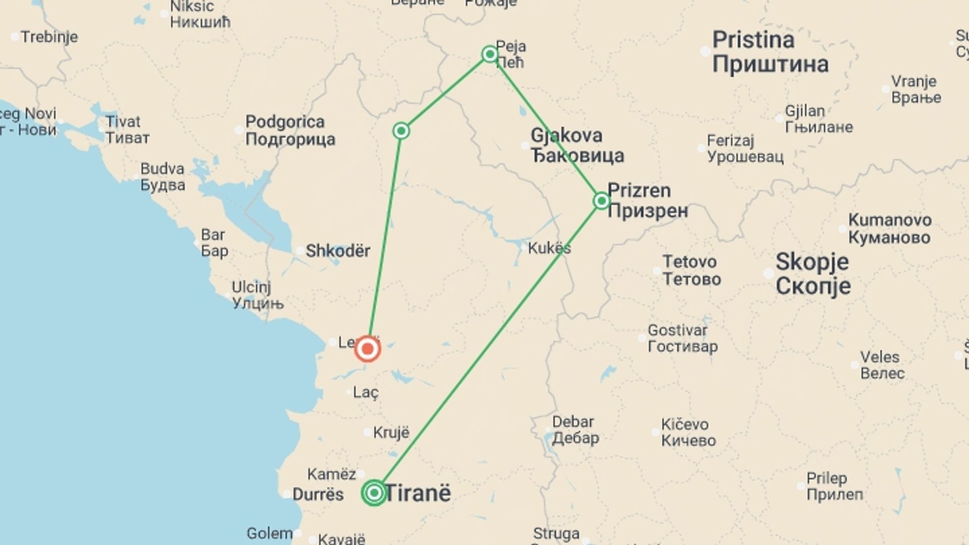 A map showing the tour itinerary for the trip: Discover North Albania & Kosovo, starting in Tirana, Albania and ending in Rubik, Rubik going through 3 other destinations.