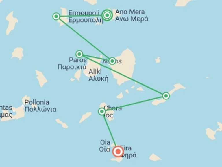 Map itinerary of Mediterranean Tour in October 2027 with 7 destination visits for the trip: Sail Greece: Mykonos to Santorini