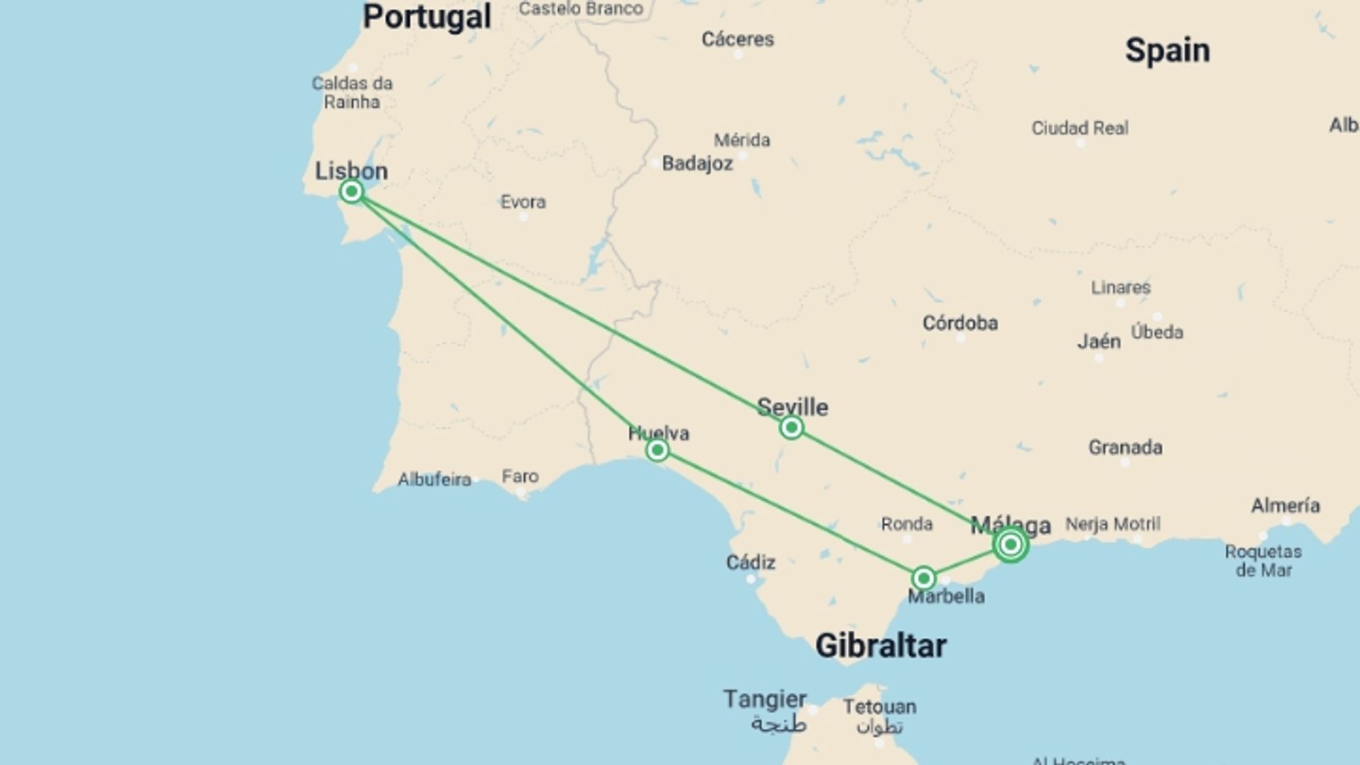 A map showing the tour itinerary for the trip: Flamenco And Fado, Self-drive (multi Country), starting in Malaga, Spain and ending in Malaga, Spain going through 4 other destinations.
