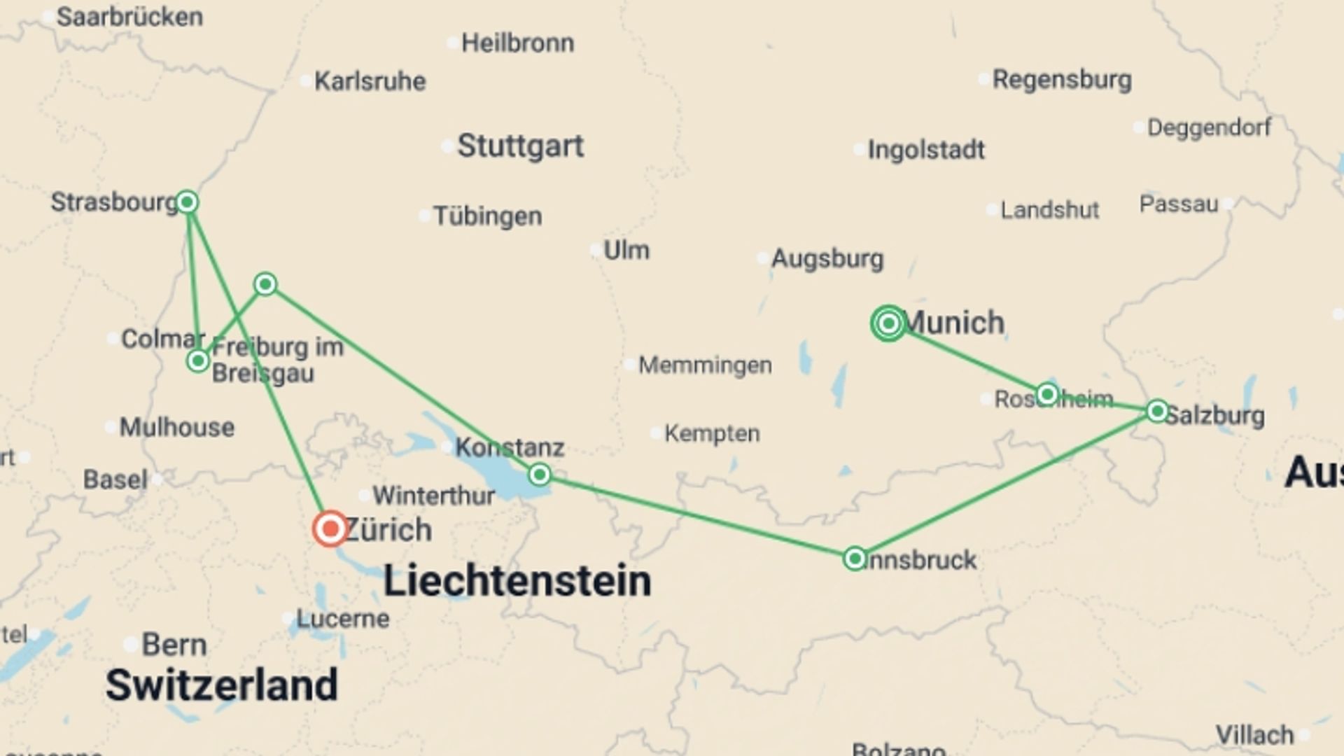 A map showing the tour itinerary for the trip: Alpine Christmas Markets, starting in Munich, Germany and ending in Zurich, Switzerland going through 4 other destinations.