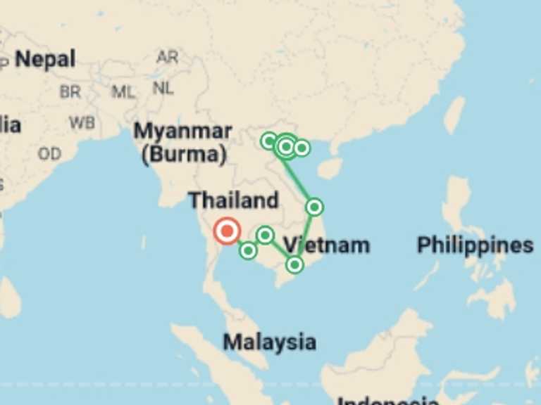 Map of 19-Day Asia Tour with 8 destination visits for the trip: Southeast Asia: Pu Luong, Halong Bay & the Cardamom Mountains