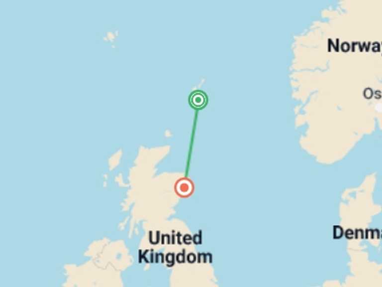 Map of Scotland Sightseeing Tour with 2 destination visits for the trip: Scotland's Shetland Islands