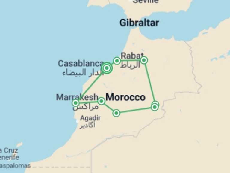 Map itinerary of Mediterranean Tour in March 2027 with 7 destination visits for the trip: Treasures of Morocco