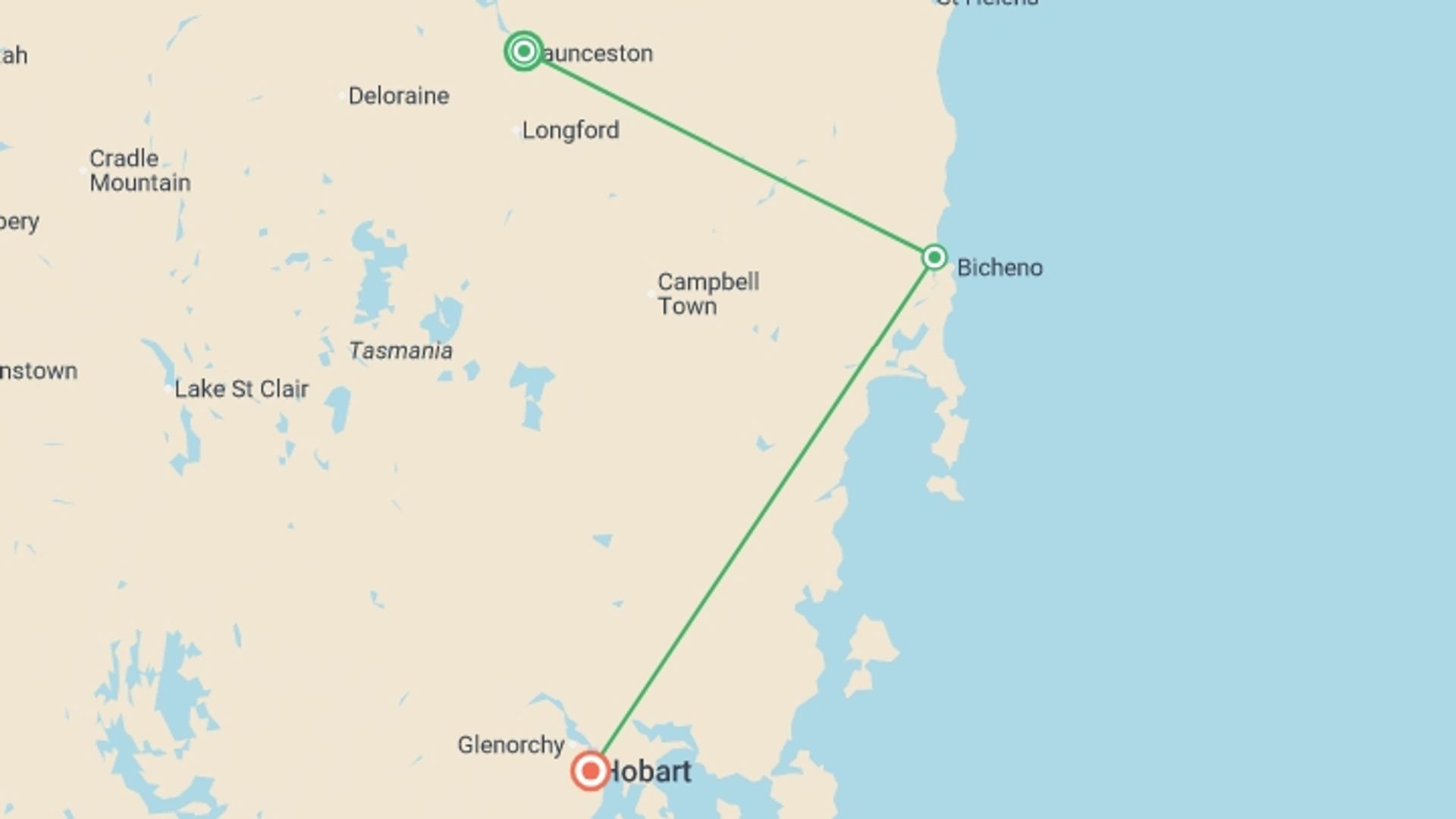 A map showing the tour itinerary for the trip: Tassie's East Coast Highlights, starting in Launceston, Australia and ending in Hobart, Australia going through 1 other destinations.