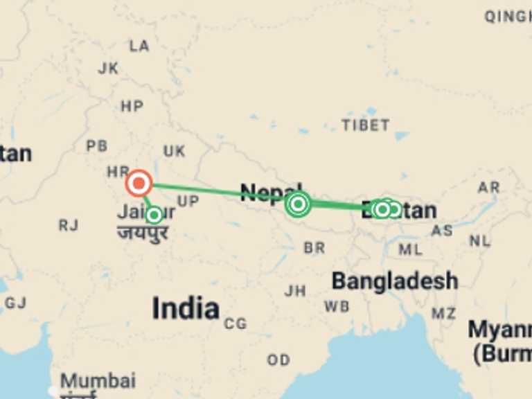 Map of Asia Tour with 10 destination visits for the trip: Temples, Dzongs and Taj
