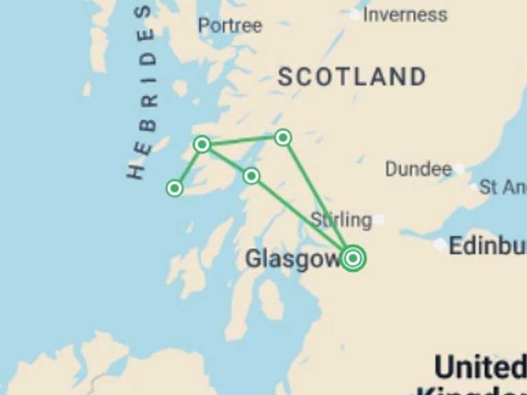 Map of Europe Tour with 2 destination visits for the trip: Magic Mull From Glasgow - 3 days