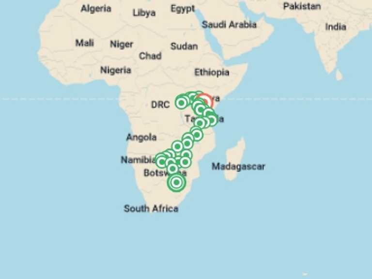Map of Dar Es Salaam National parks Tour with 37 destination visits for the trip: Johannesburg to Gorillas