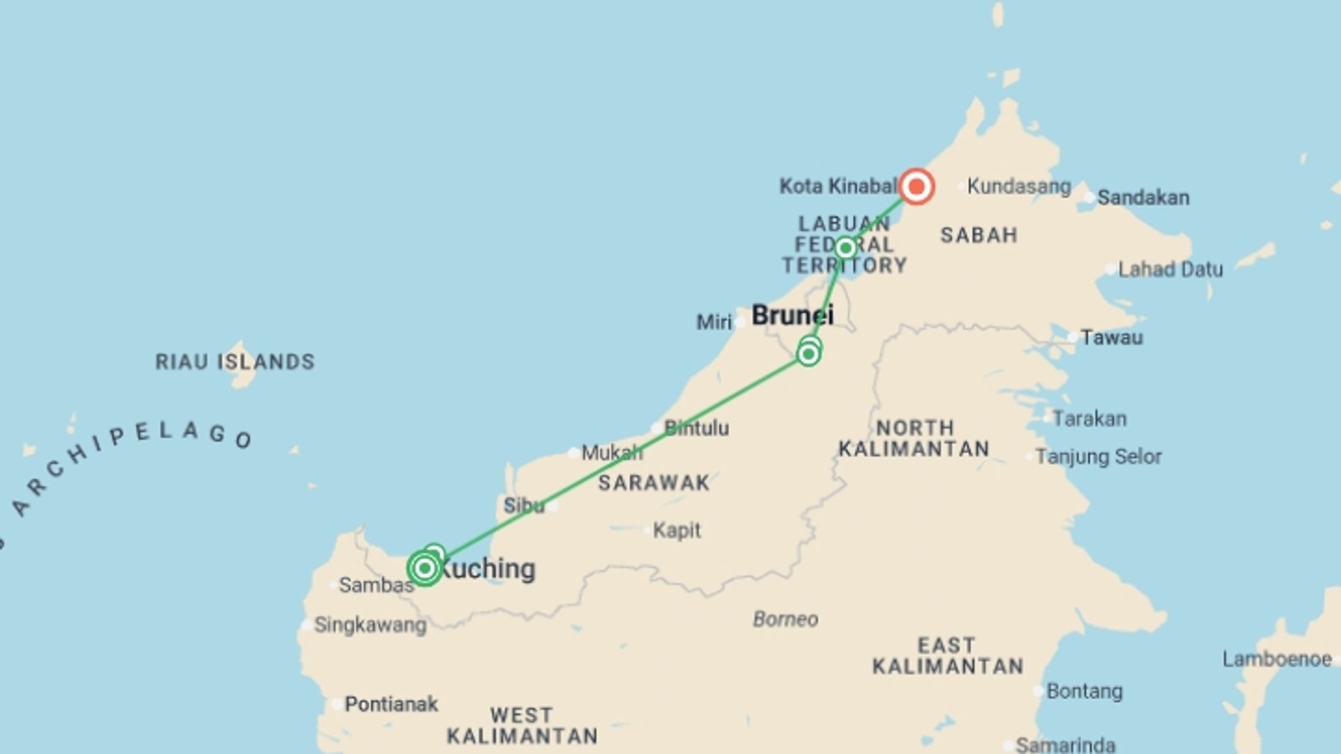 A map showing the tour itinerary for the trip: Wild Sarawak, starting in Kuching, Malaysia and ending in Kota Kinabalu, Malaysia going through 3 other destinations.
