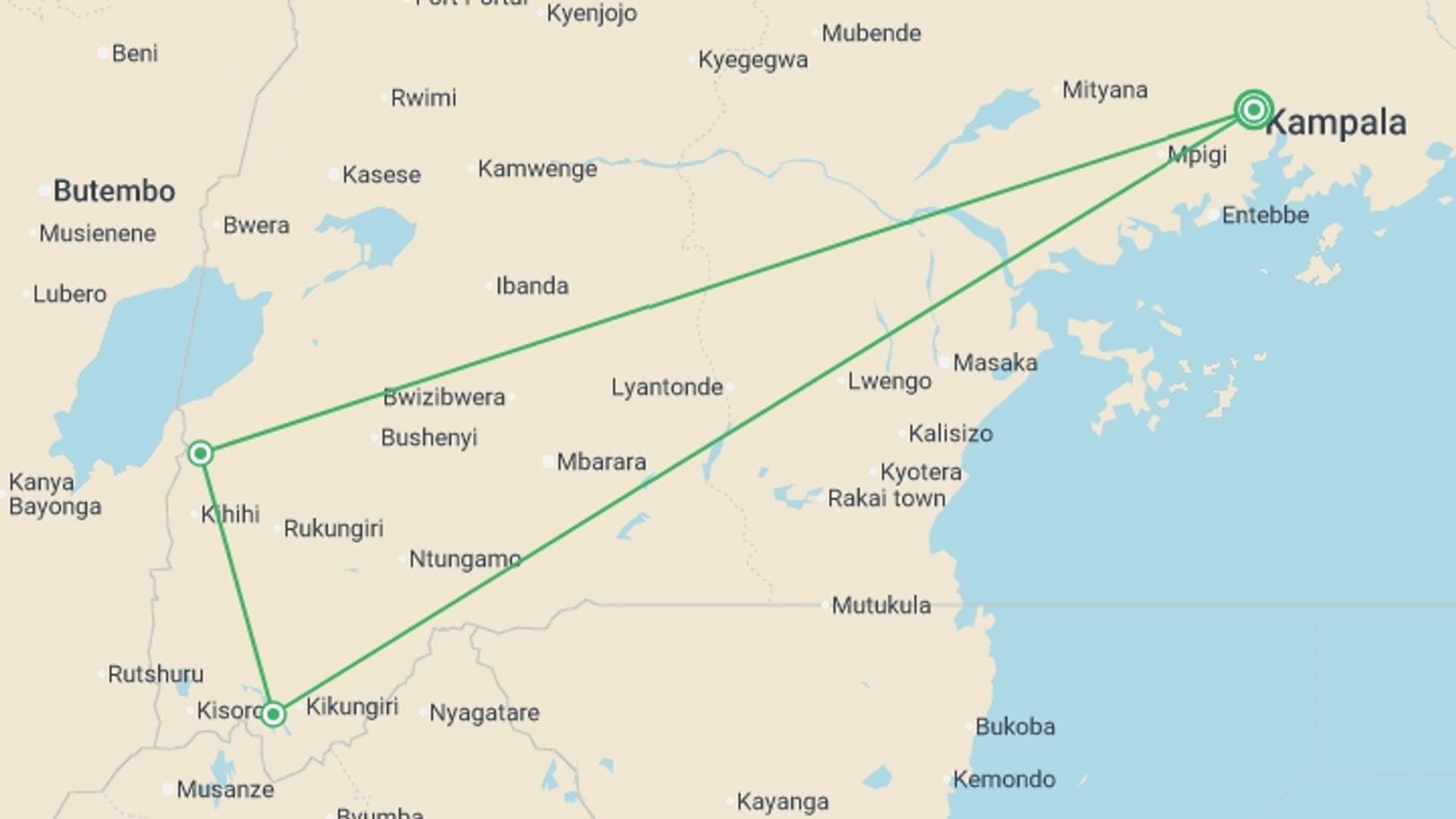 A map showing the tour itinerary for the trip: Uganda & Gorilla Trek Express (Accommodated) - 6 days, starting in Kampala, Uganda and ending in Kampala, Uganda going through 3 other destinations.
