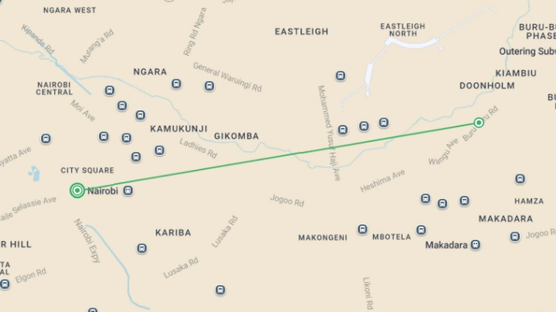 A map showing the tour itinerary for the trip: 3 Day Maasai Mara Budget Adventure Safari, starting in Nairobi, Kenya and ending in Nairobi, Kenya going through 2 other destinations.