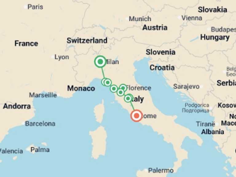 Map of Milan City sightseeing Tour with 5 destination visits for the trip: Milan to Cinque Terre & Rome - 6 days