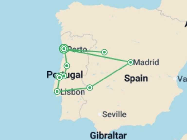 Map itinerary of Europe Tour in June 2026 with 4 destination visits for the trip: Lisbon, Oporto And Fatima