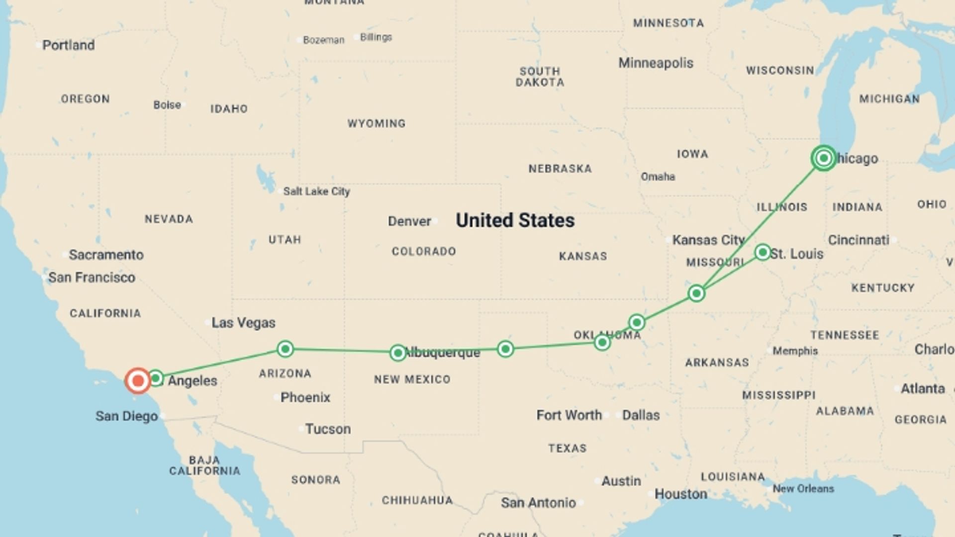 A map showing the tour itinerary for the trip: Route 66 From Chicago to LA - 12 days, starting in Chicago, USA and ending in Los Angeles, USA going through 9 other destinations.