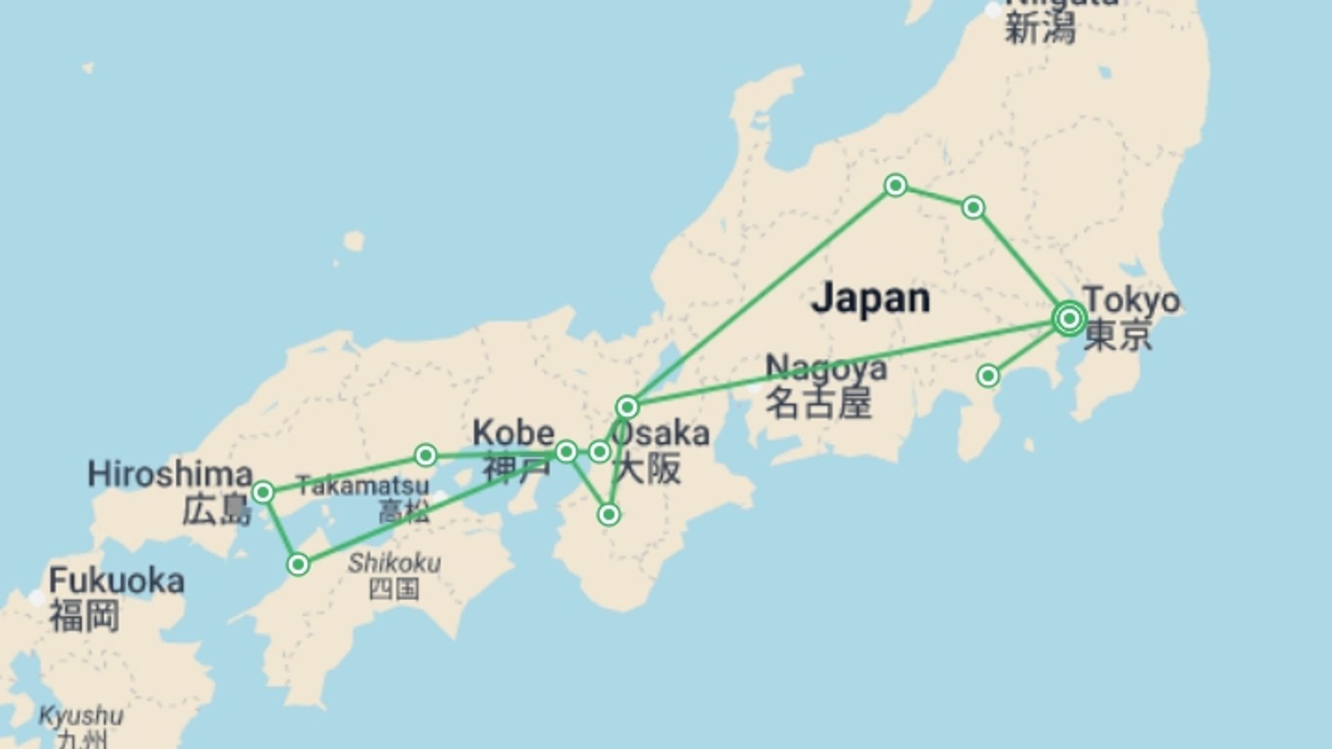 A map showing the tour itinerary for the trip: Japan´s Landscapes and Mount Fuji, starting in Tokyo, Japan and ending in Tokyo, Japan going through 10 other destinations.