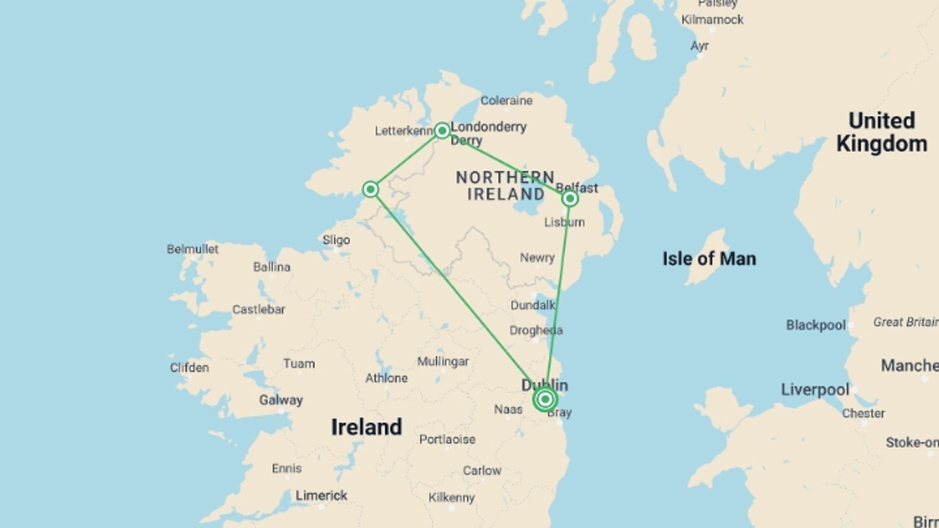 A map showing the tour itinerary for the trip: Game of Thrones in Ireland Self Drive, starting in Dublin, Ireland and ending in Lifford, Ireland going through 3 other destinations.