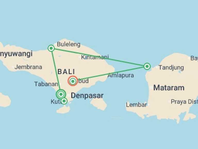 Map of a Snorkeling Tour with 7 destination visits for the trip: Bali Intro 12 day