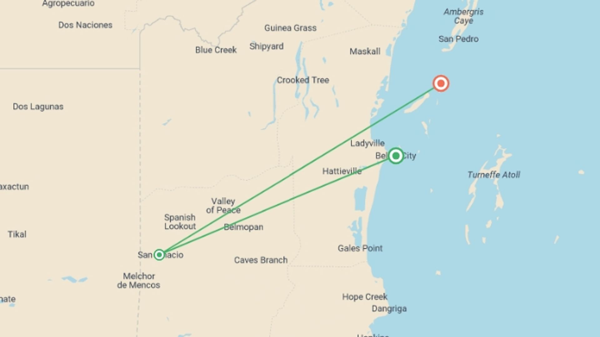 A map showing the tour itinerary for the trip: Solo-ish Belize, starting in Belize City, Belize and ending in Caye Caulker, Belize going through 1 other destinations.