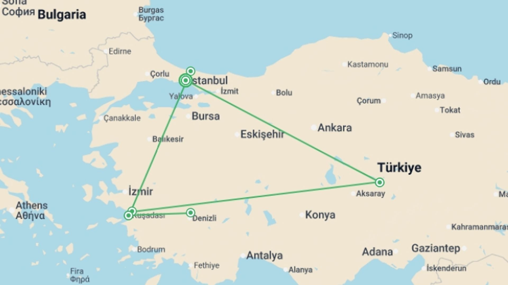 A map showing the tour itinerary for the trip: Istanbul, Ephesus, Pamukkale & Cappadocia Tour, starting in Istanbul, Turkey and ending in Istanbul, Turkey going through 3 other destinations.