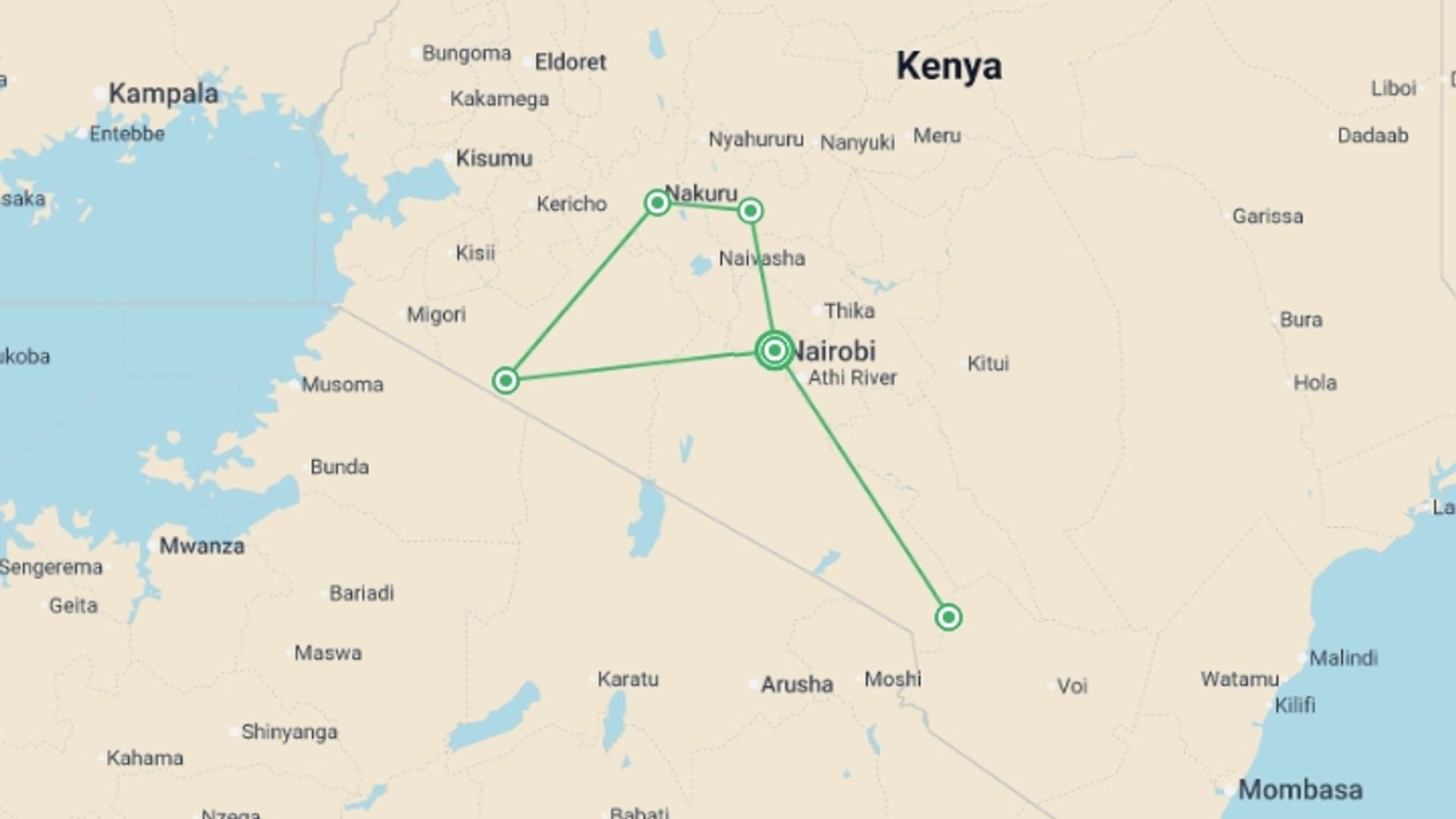 A map showing the tour itinerary for the trip: Upgraded - Highlights of Kenya & Tsavo, starting in Nairobi, Kenya and ending in Nairobi, Kenya going through 0 other destinations.