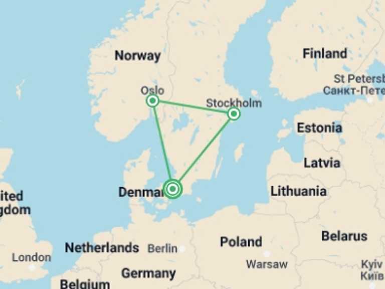 Map itinerary of Denmark Tour in Winter with 3 destination visits for the trip: Copenhagen, Oslo & Stockholm - 10 days