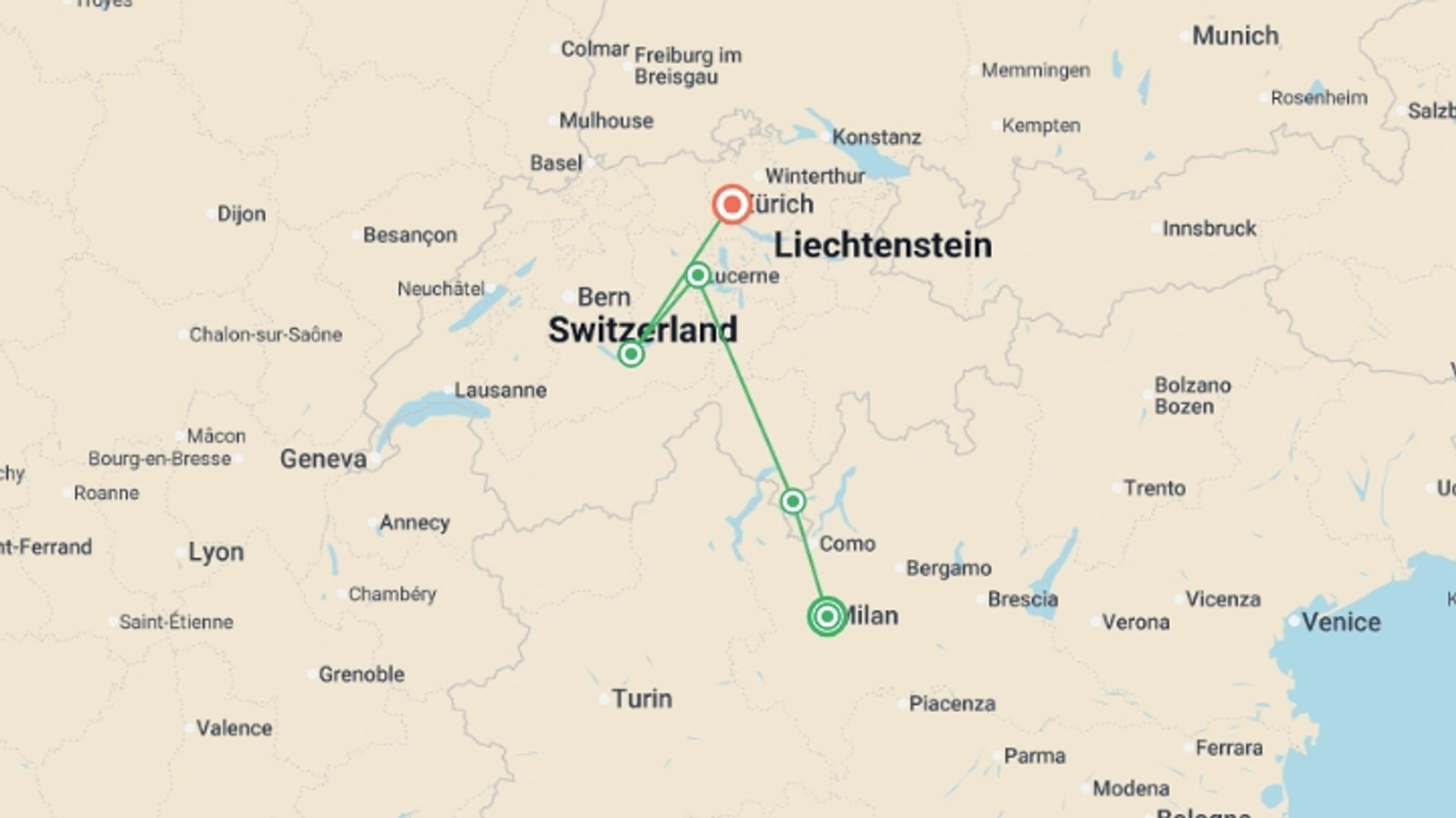 A map showing the tour itinerary for the trip: From Italian Lakes to Swiss Peaks, starting in Milan, Italy and ending in Zurich, Switzerland going through 3 other destinations.