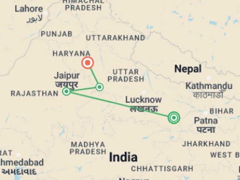 Map of 8-Day New Delhi Tour with 5 destination visits for the trip: 8 Days Private Golden Triangle with Varanasi