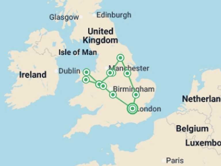 Map of UK and Britain National parks Tour with 3 destination visits for the trip: Shakespeare, Snowdonia & Yorkshire (Hotel) - 5 days