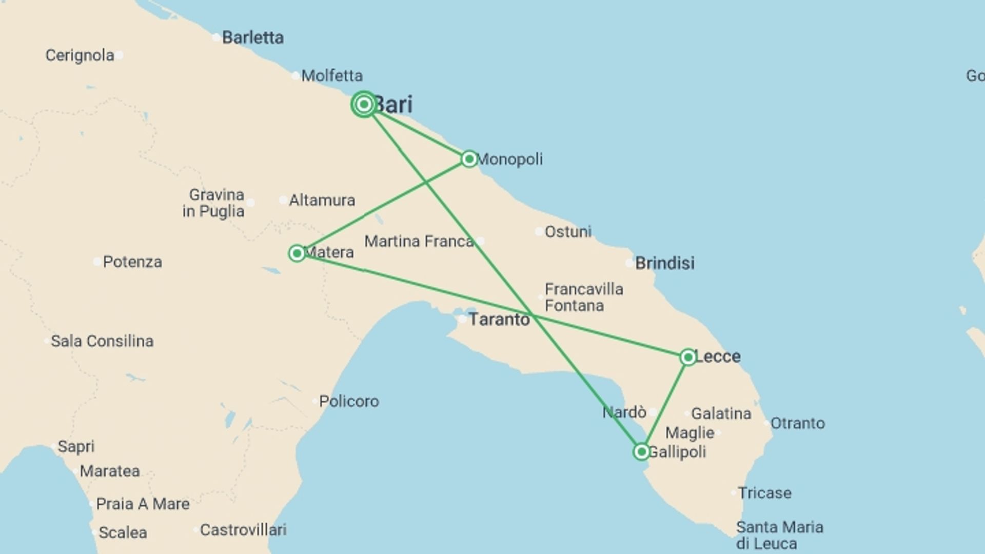 A map showing the tour itinerary for the trip: Budget Puglia Explorer  - 7 days, starting in Bari, Italy and ending in Bari, Italy going through 4 other destinations.