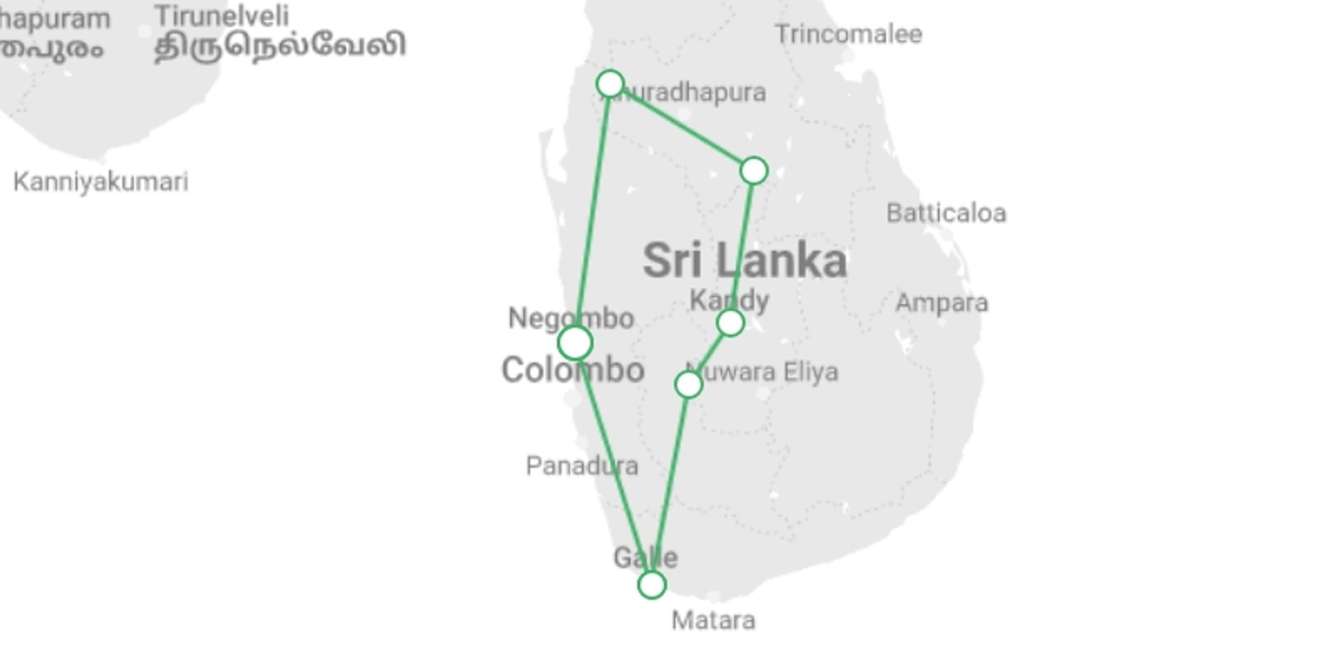 A map showing the tour itinerary for the trip: Family Highlights of Sri Lanka, starting in Negombo, Sri Lanka and ending in Negombo, Sri Lanka going through 5 other destinations.