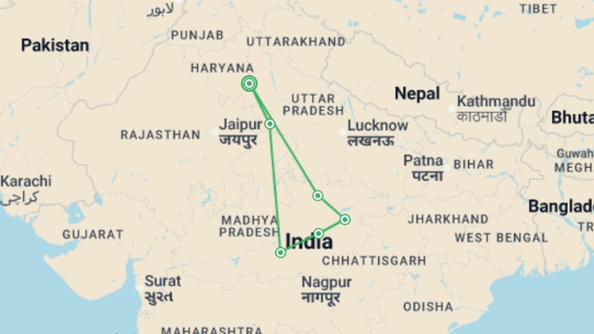 A map showing the tour itinerary for the trip: India Safari, starting in New Delhi, India and ending in New Delhi, India going through 5 other destinations.
