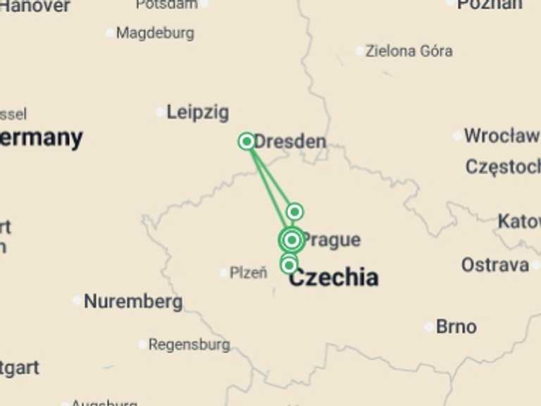 Map of France Cruise Tour with 6 destination visits for the trip: Prague, Dresden, and the Castles of Bohemia: A Spectacular Cruise on the Elbe and Vltava Rivers