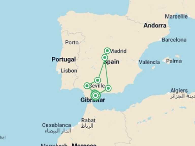 Map itinerary of Mediterranean Tour in March 2027 with 4 destination visits for the trip: Andalucia & Madrid From Costa del Sol - 5 days