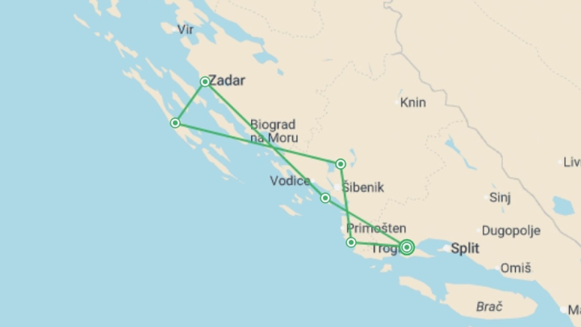 A map showing the tour itinerary for the trip: North Dalmatia Bike and Boat, starting in Trogir, Croatia and ending in Trogir, Croatia going through 5 other destinations.