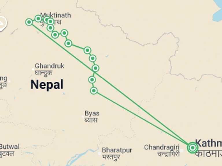 Map of Nepal Tour with 13 destination visits for the trip: Annapurna Circuit via Kang La and Nar