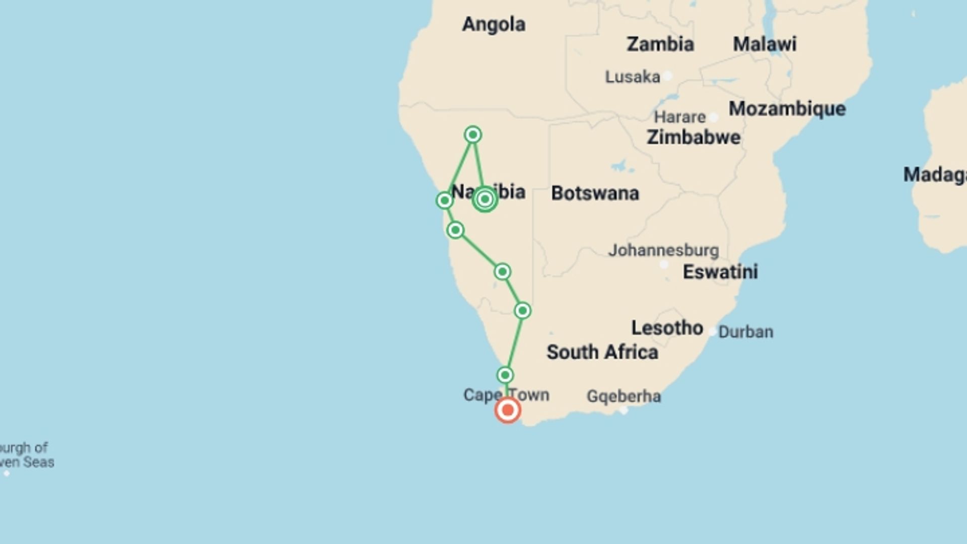 A map showing the tour itinerary for the trip: Cape & Dunes Discoverer, starting in Windhoek, Namibia and ending in Cape Town, South Africa going through 6 other destinations.