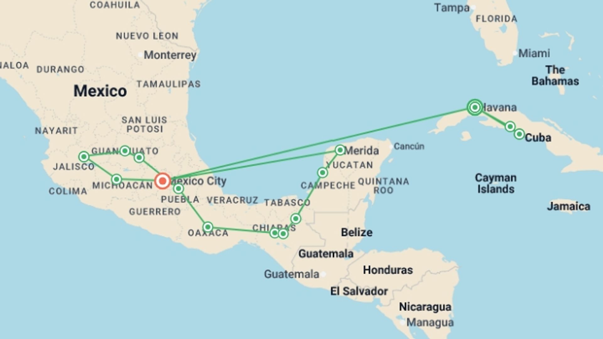 A map showing the tour itinerary for the trip: The Great Route of Cuba and Mexico, starting in Havana, Cuba and ending in Mexico City, Mexico going through 13 other destinations.