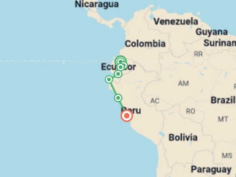 Map itinerary of Lima Tour in September 2025 with 7 destination visits for the trip: Quito to Lima: Surf Towns & Hot Springs