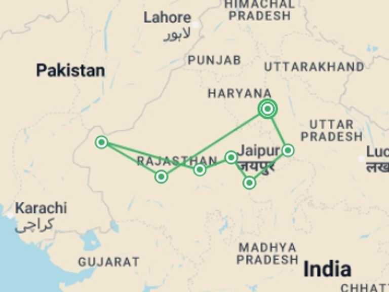 Map of a Desert safaris Tour with 7 destination visits for the trip: India Experience
