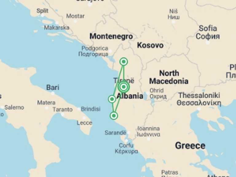 Map itinerary of Tirana Tour in September 2026 with 4 destination visits for the trip: Albania Adventure