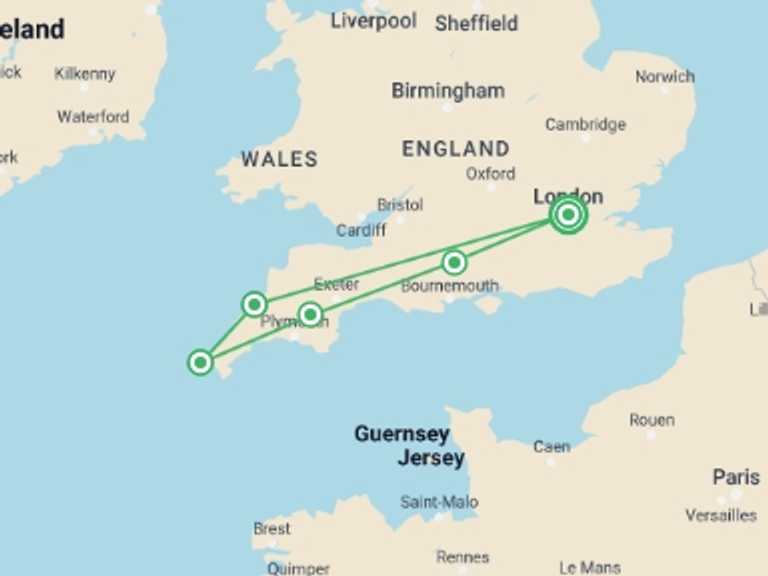 Map of 9-Day London Tour with 5 destination visits for the trip: Highlights of South-West England