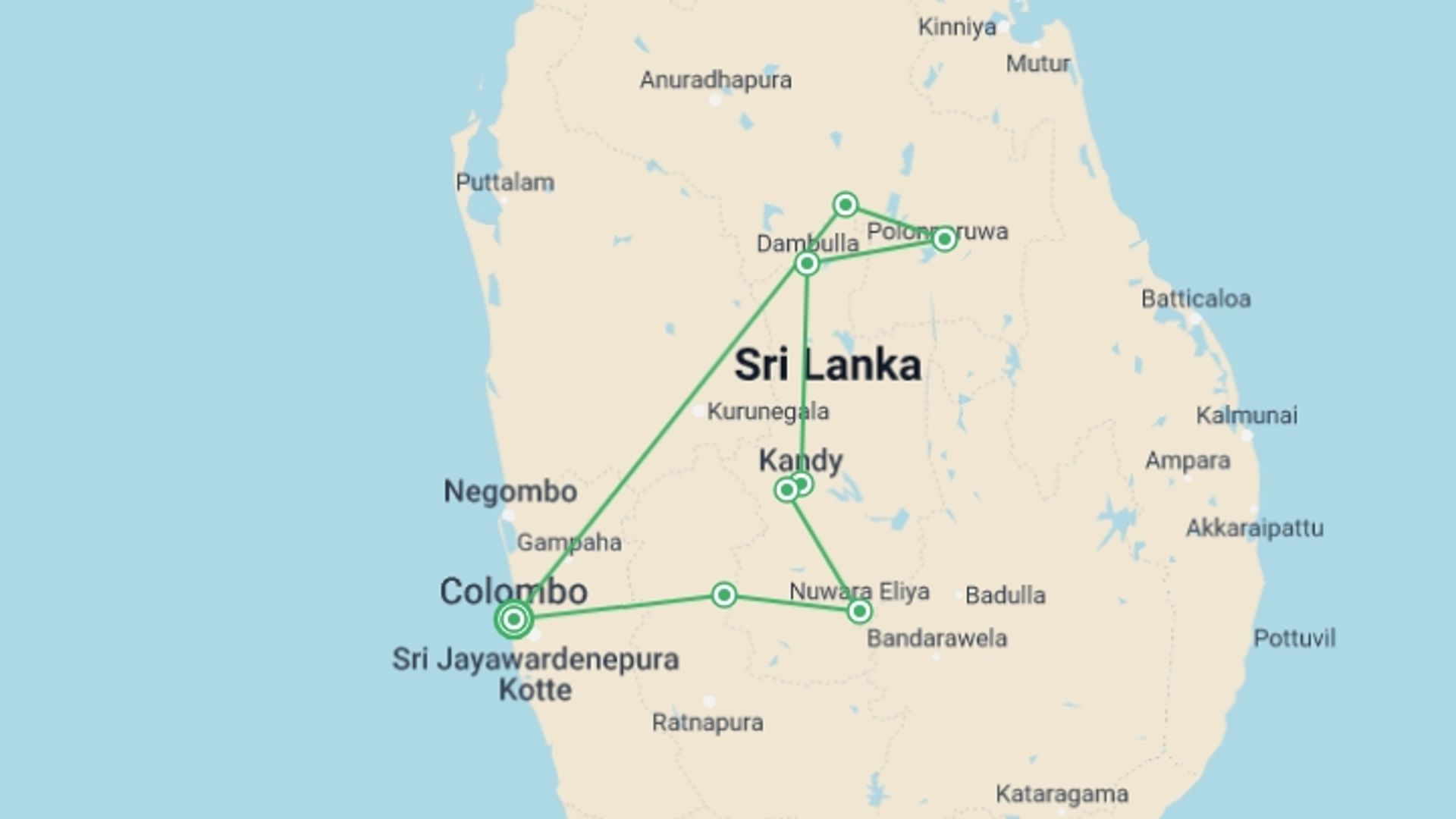 A map showing the tour itinerary for the trip: Cultural Highlights Of Sri Lanka 6 Days, Private Tour, starting in Colombo, Sri Lanka and ending in Colombo, Sri Lanka going through 4 other destinations.
