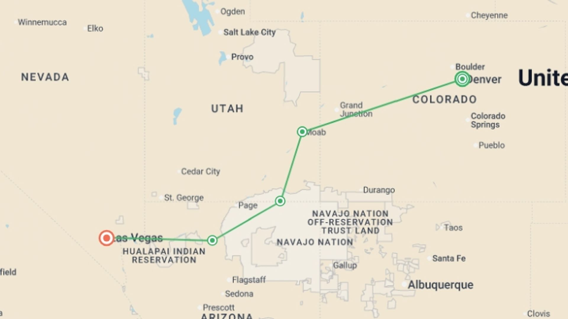 A map showing the tour itinerary for the trip: Best of the Canyonlands, starting in Denver, USA and ending in Las Vegas, USA going through 3 other destinations.