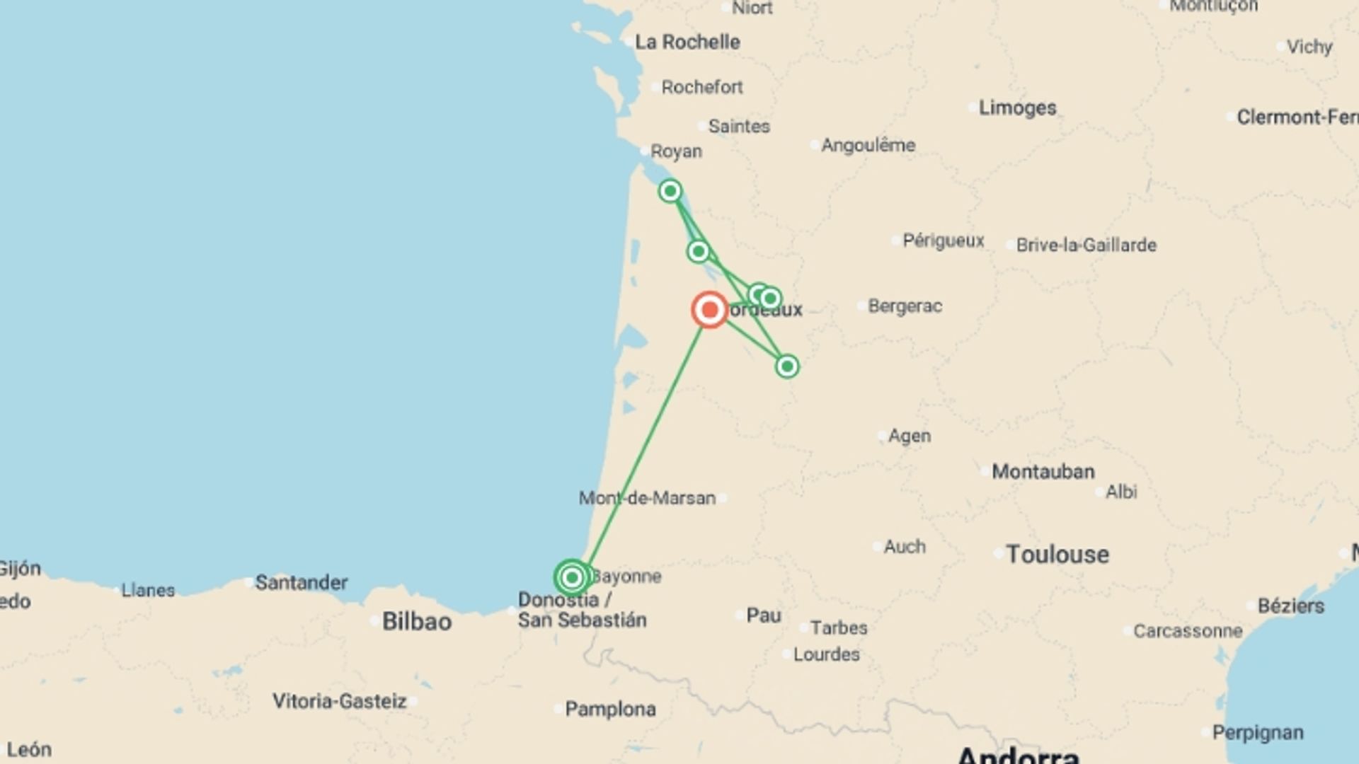 A map showing the tour itinerary for the trip: From the French Basque Country to Bordeaux - Fine French cuisine at the foot of the Pyrenees and a cruise to discover Bordeaux and its outlying areas (port-to-port cruise), starting in Nouvelle-Aquitaine, France and ending in Bordeaux, France going through 5 other destinations.
