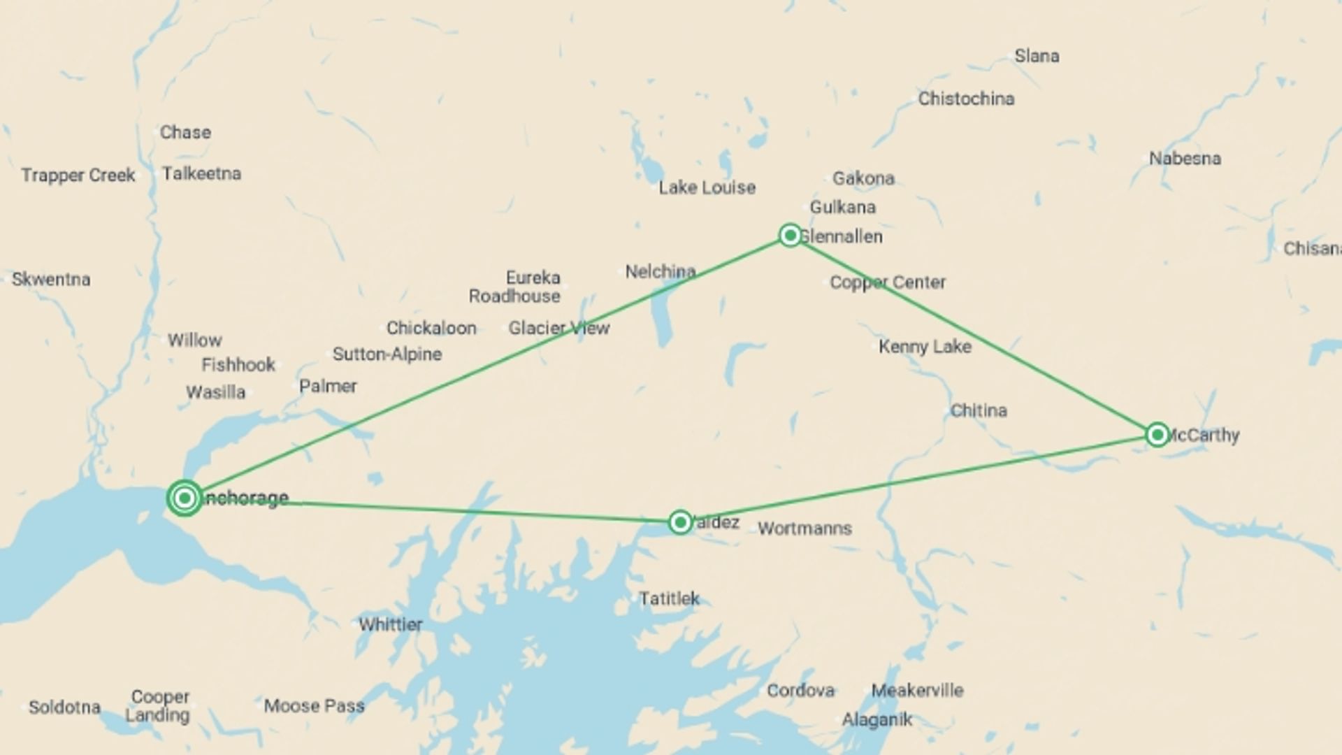 A map showing the tour itinerary for the trip: Hike Alaska: Valdez and Wrangell St Elias, starting in Anchorage, USA and ending in Anchorage, USA going through 3 other destinations.