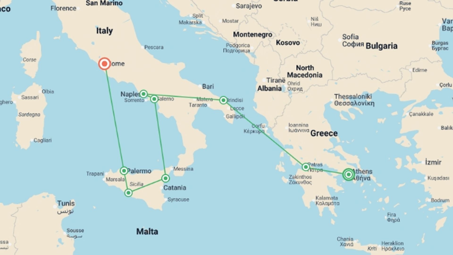 A map showing the tour itinerary for the trip: Athens, Peninsula and Complete Sicily, starting in Athens, Greece and ending in Rome, Italy going through 7 other destinations.