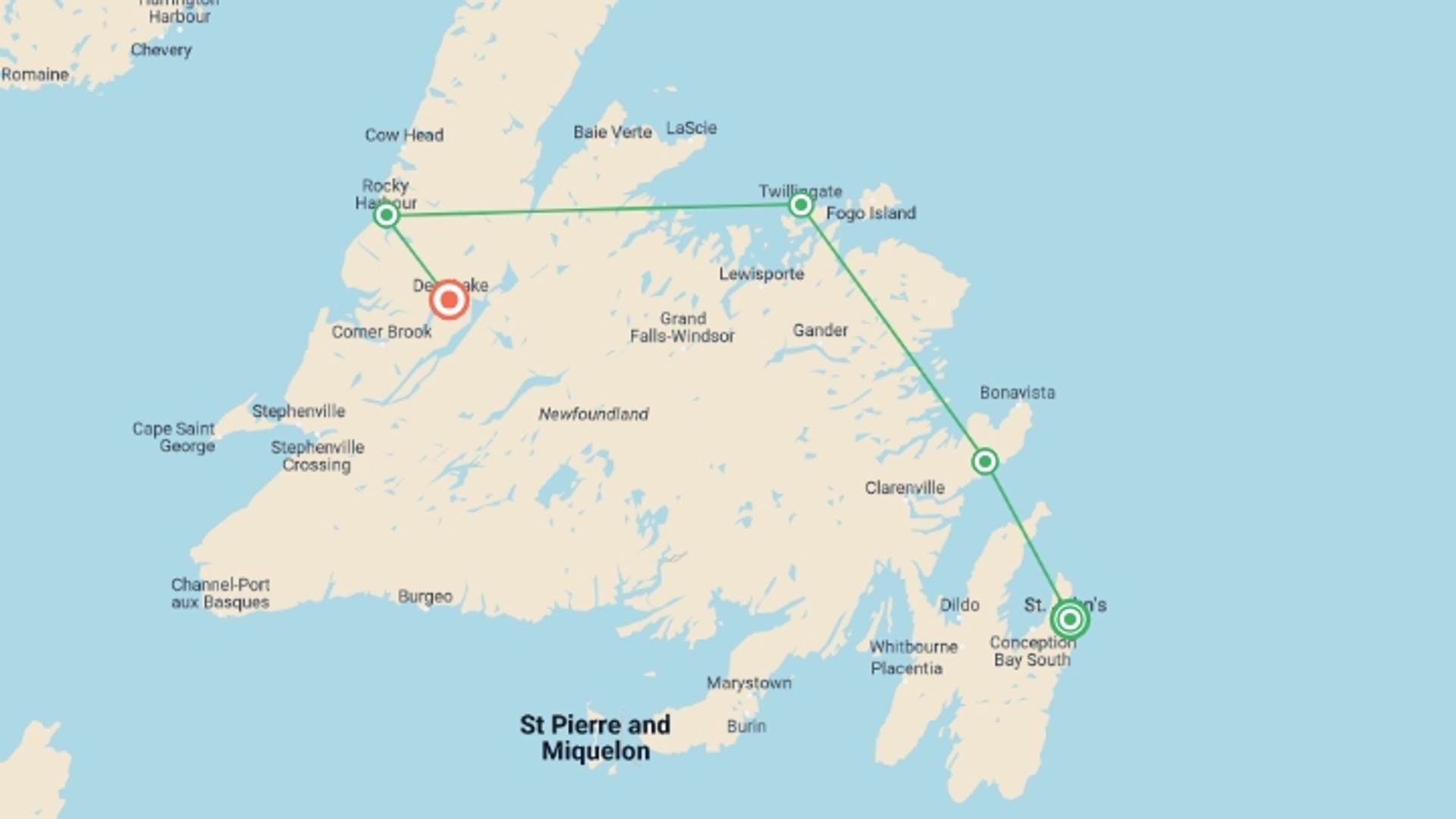 A map showing the tour itinerary for the trip: Newfoundland Adventure: Westbound, starting in St John, Canada and ending in Deer Lake, Canada going through 4 other destinations.