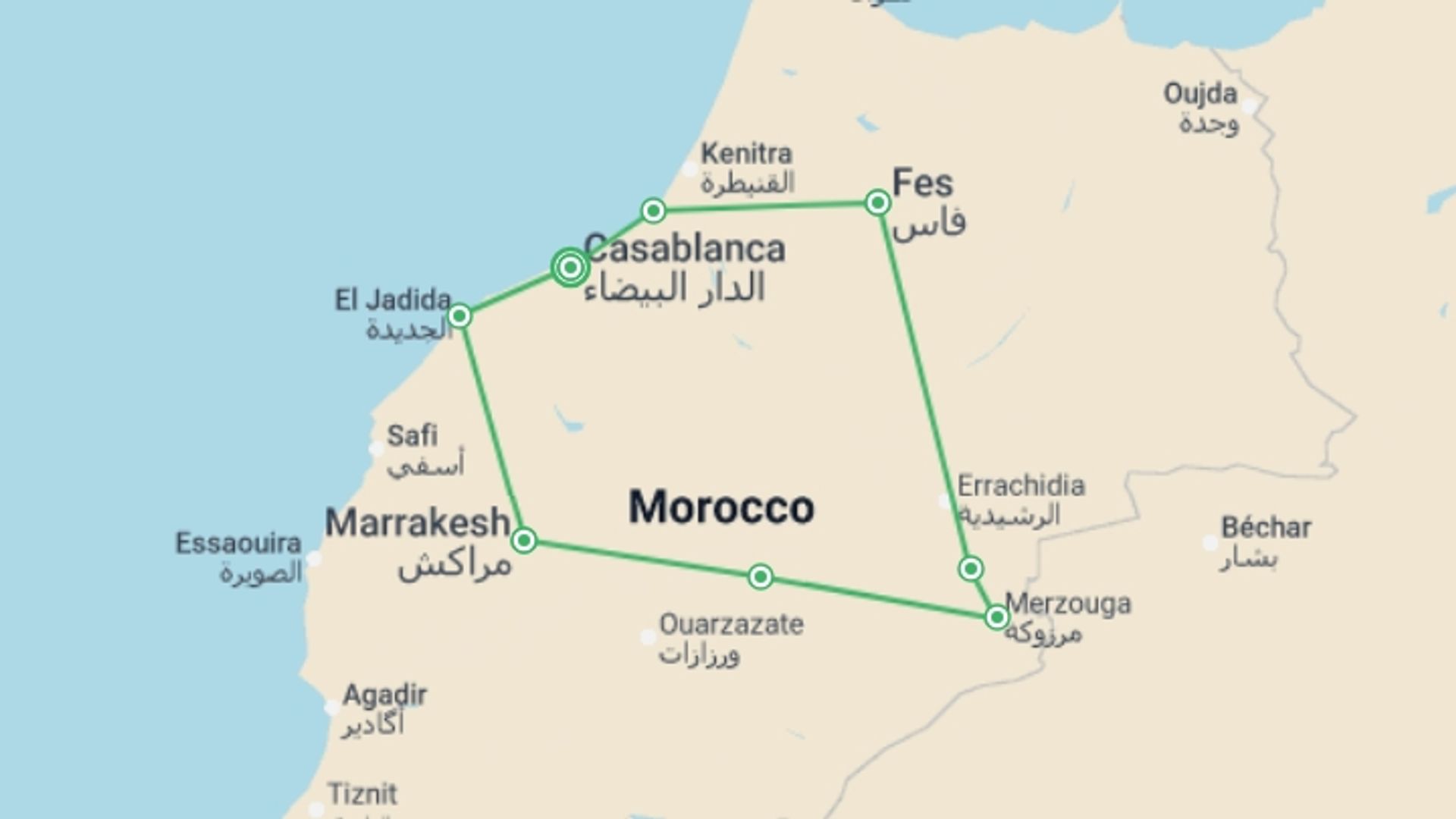 A map showing the tour itinerary for the trip: Best of Morocco, starting in Casablanca, Morocco and ending in Casablanca, Morocco going through 6 other destinations.