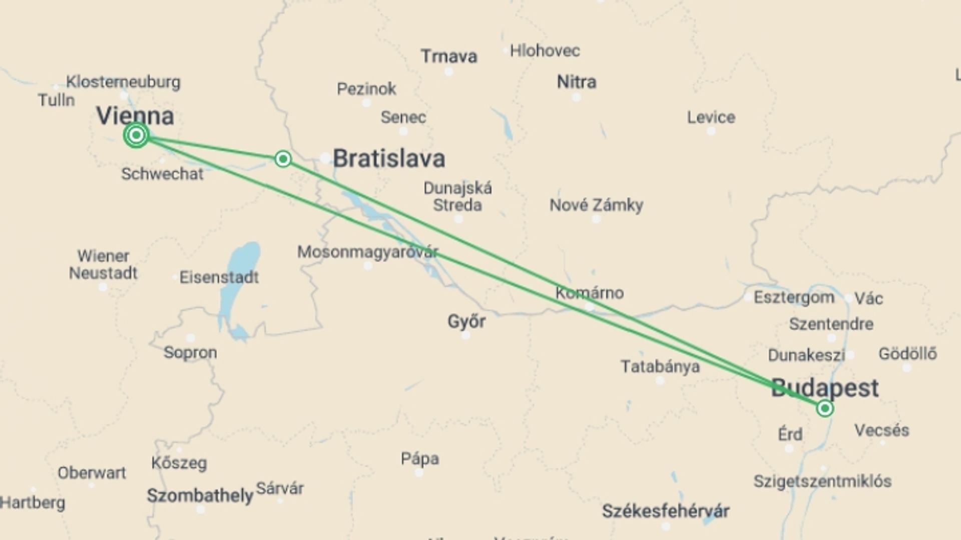 A map showing the tour itinerary for the trip: Christmas on the Danube (port-to-port cruise), starting in Vienna, Austria and ending in Vienna, Austria going through 2 other destinations.