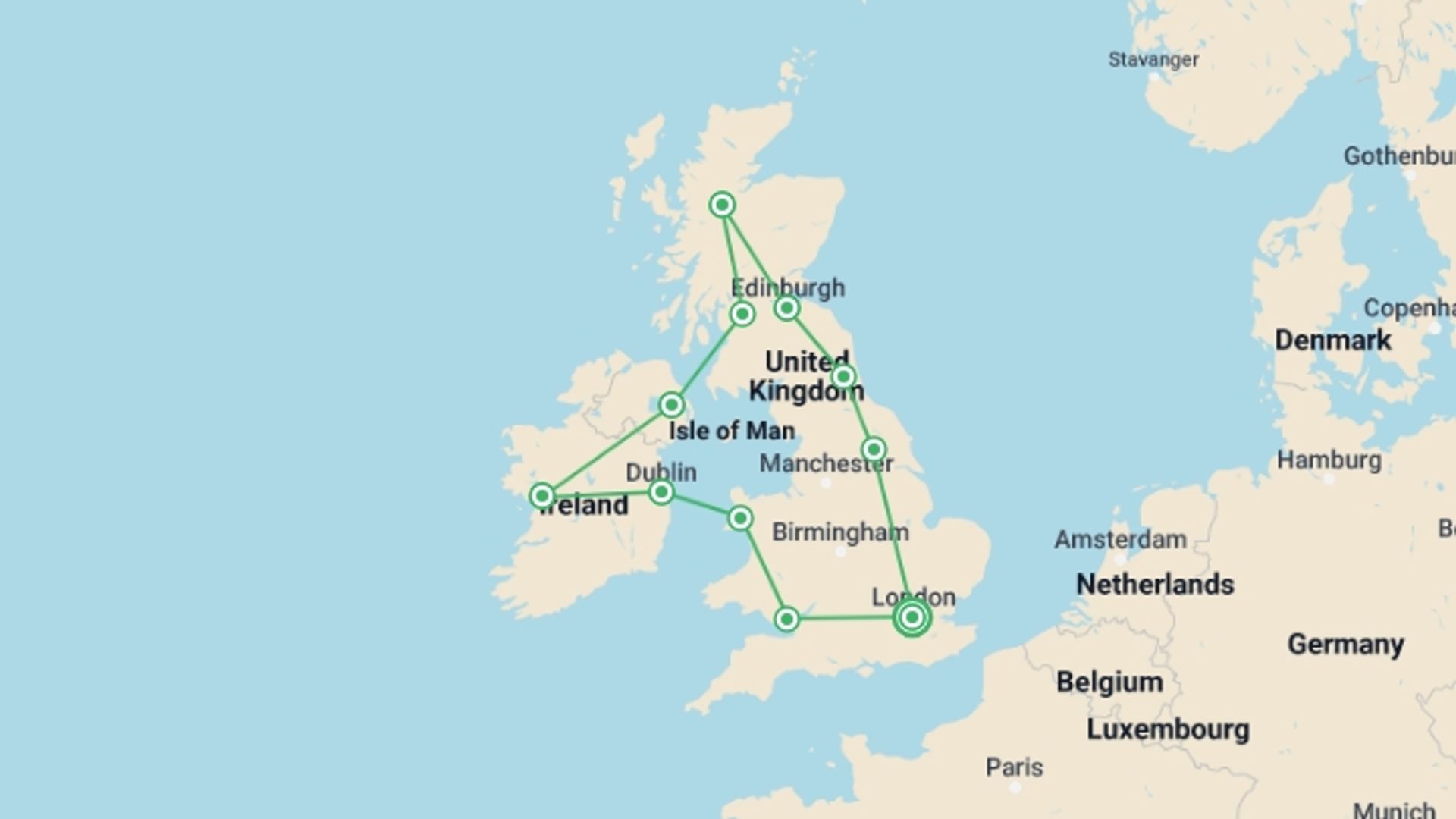 A map showing the tour itinerary for the trip: Play & Pause: Britain & Ireland, starting in London, England and ending in London, England going through 9 other destinations.