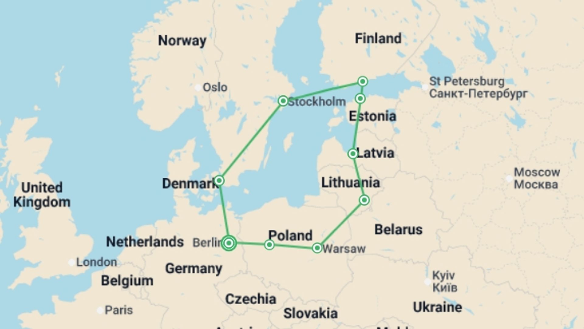 A map showing the tour itinerary for the trip: Northern Dream, starting in Berlin, Germany and ending in Berlin, Germany going through 8 other destinations.